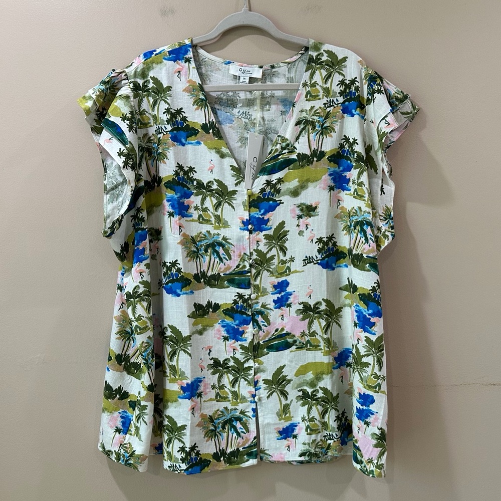 C By One Tropical Palm Tree Flamingo Print Top Flutter Sleeve V-Neck Plus 3X